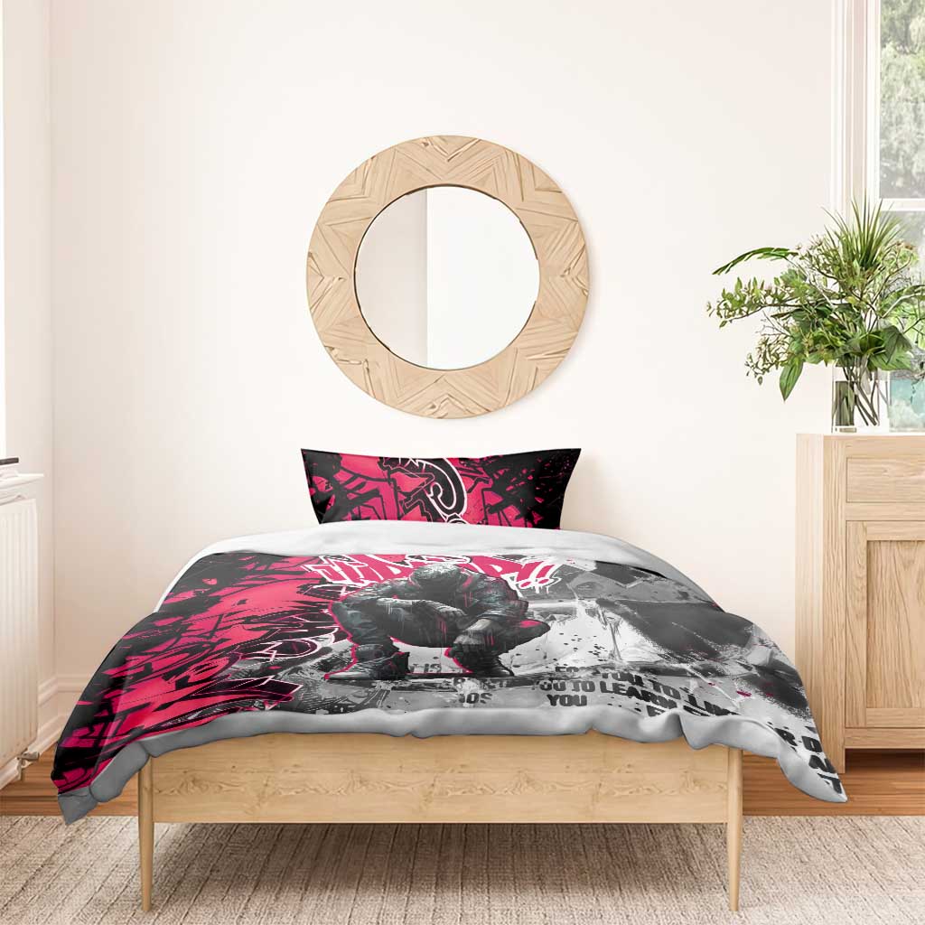 Hip Hop Graffiti Design Bedding Set Sitting Hooded Figure and Red Black Street Art Elements - Wonder Print Shop