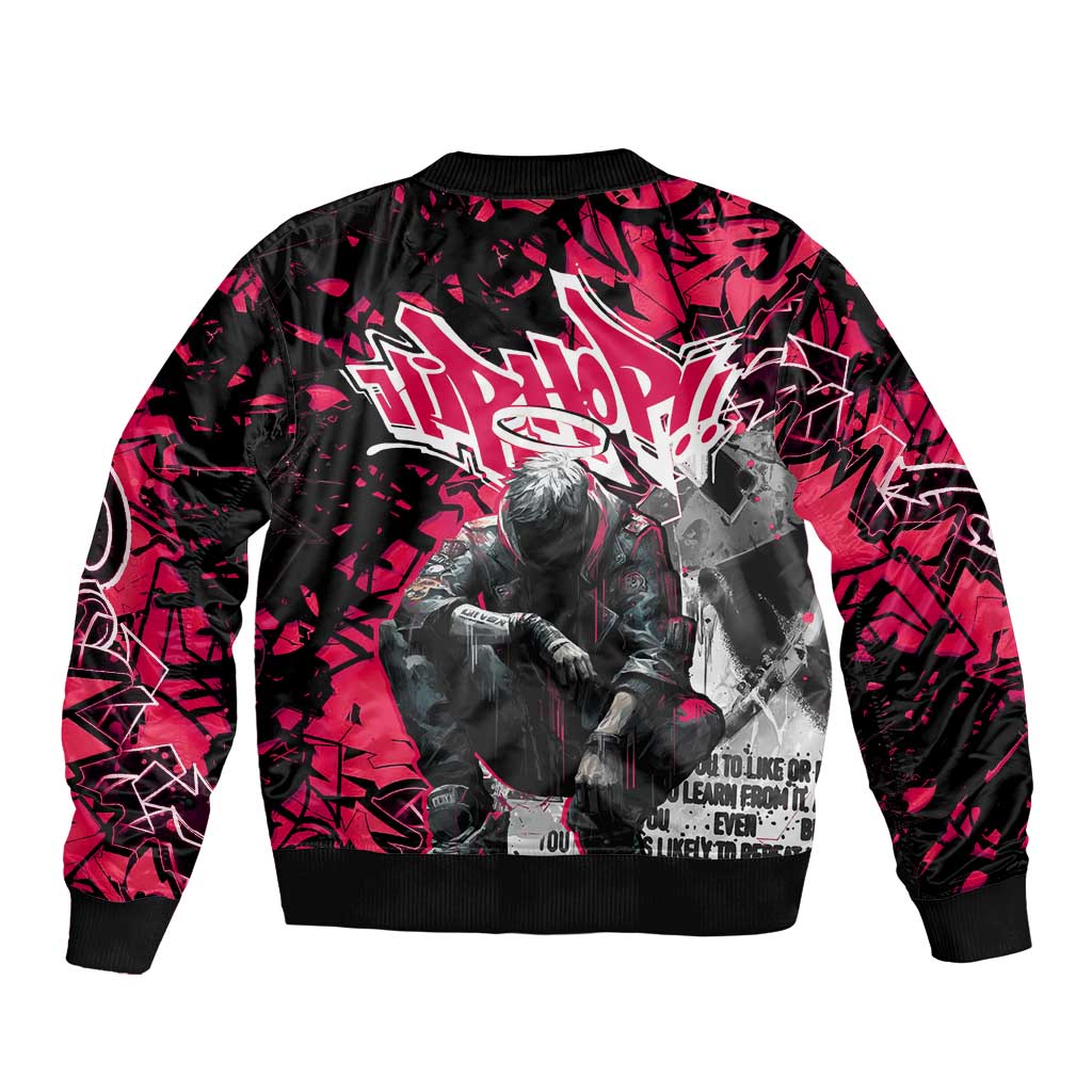 Hip Hop Graffiti Design Bomber Jacket Sitting Hooded Figure and Red Black Street Art Elements - Wonder Print Shop