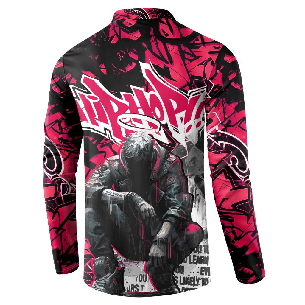 Hip Hop Graffiti Design Button Sweatshirt Sitting Hooded Figure and Red Black Street Art Elements - Wonder Print Shop