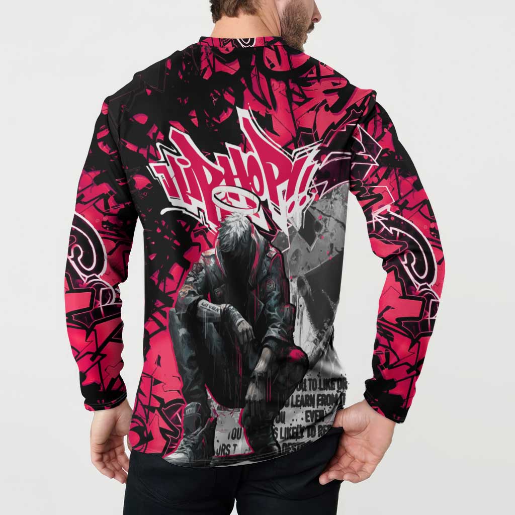 Hip Hop Graffiti Design Button Sweatshirt Sitting Hooded Figure and Red Black Street Art Elements - Wonder Print Shop