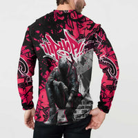 Hip Hop Graffiti Design Button Sweatshirt Sitting Hooded Figure and Red Black Street Art Elements - Wonder Print Shop