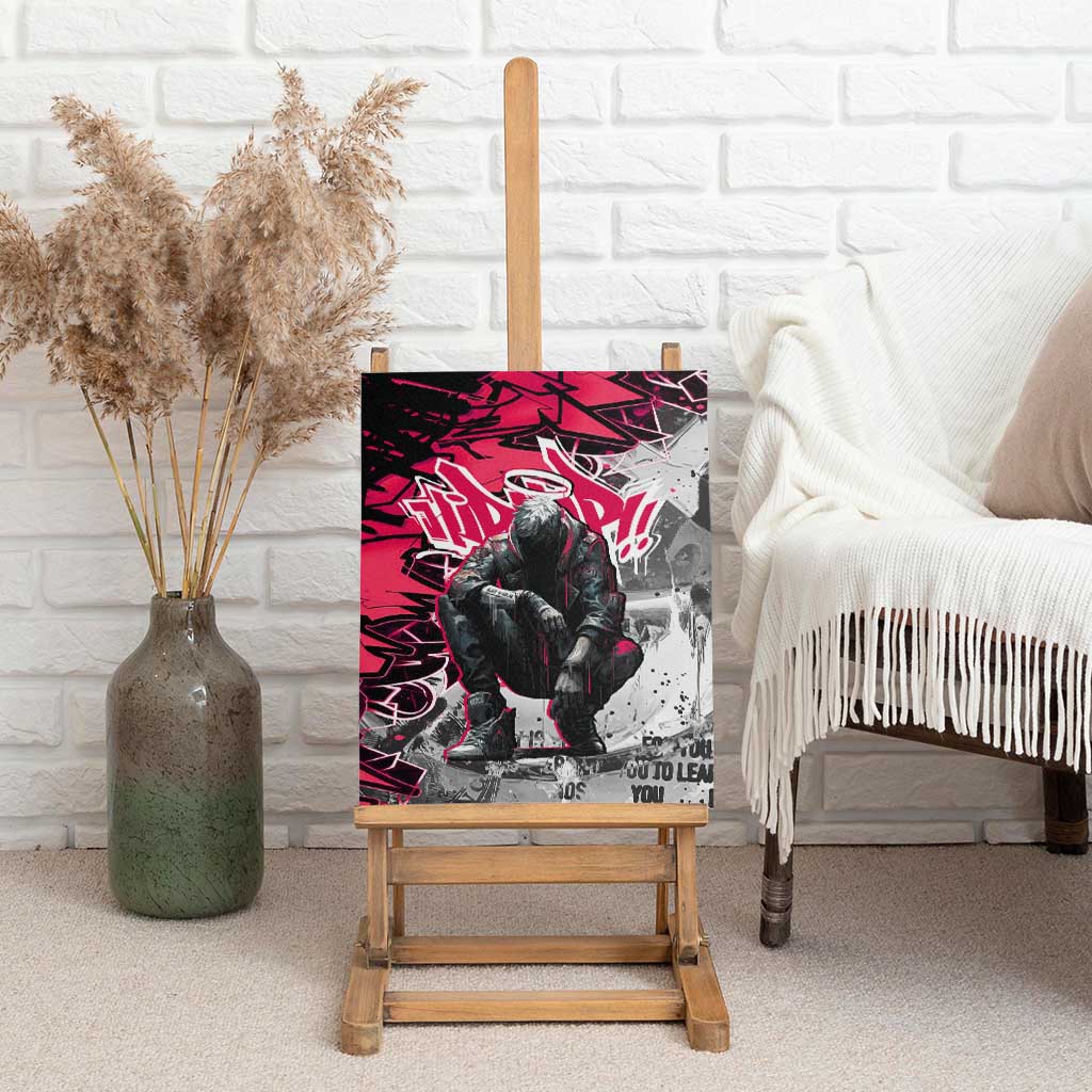 Hip Hop Graffiti Design Canvas Wall Art Sitting Hooded Figure and Red Black Street Art Elements - Wonder Print Shop