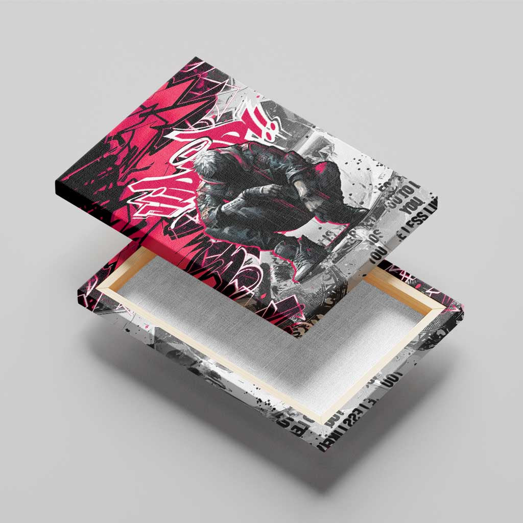 Hip Hop Graffiti Design Canvas Wall Art Sitting Hooded Figure and Red Black Street Art Elements - Wonder Print Shop