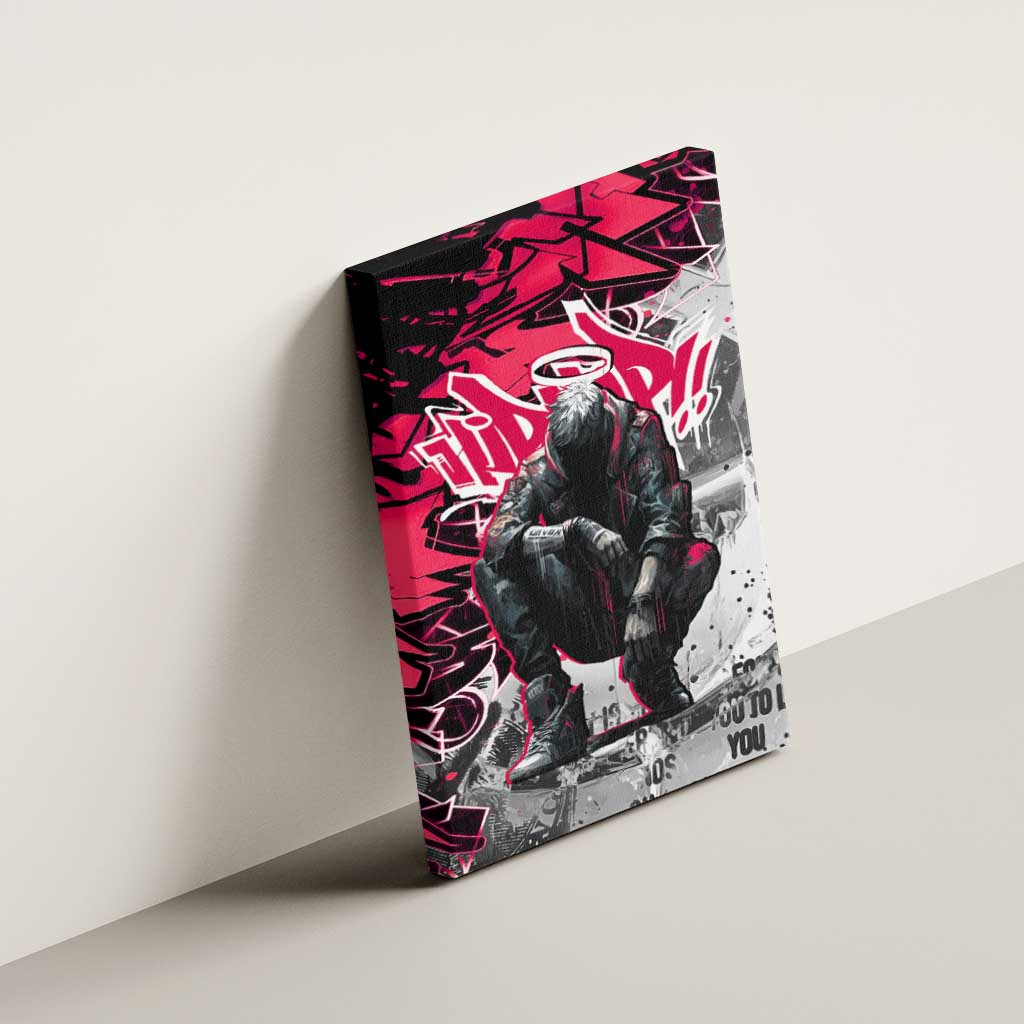 Hip Hop Graffiti Design Canvas Wall Art Sitting Hooded Figure and Red Black Street Art Elements - Wonder Print Shop