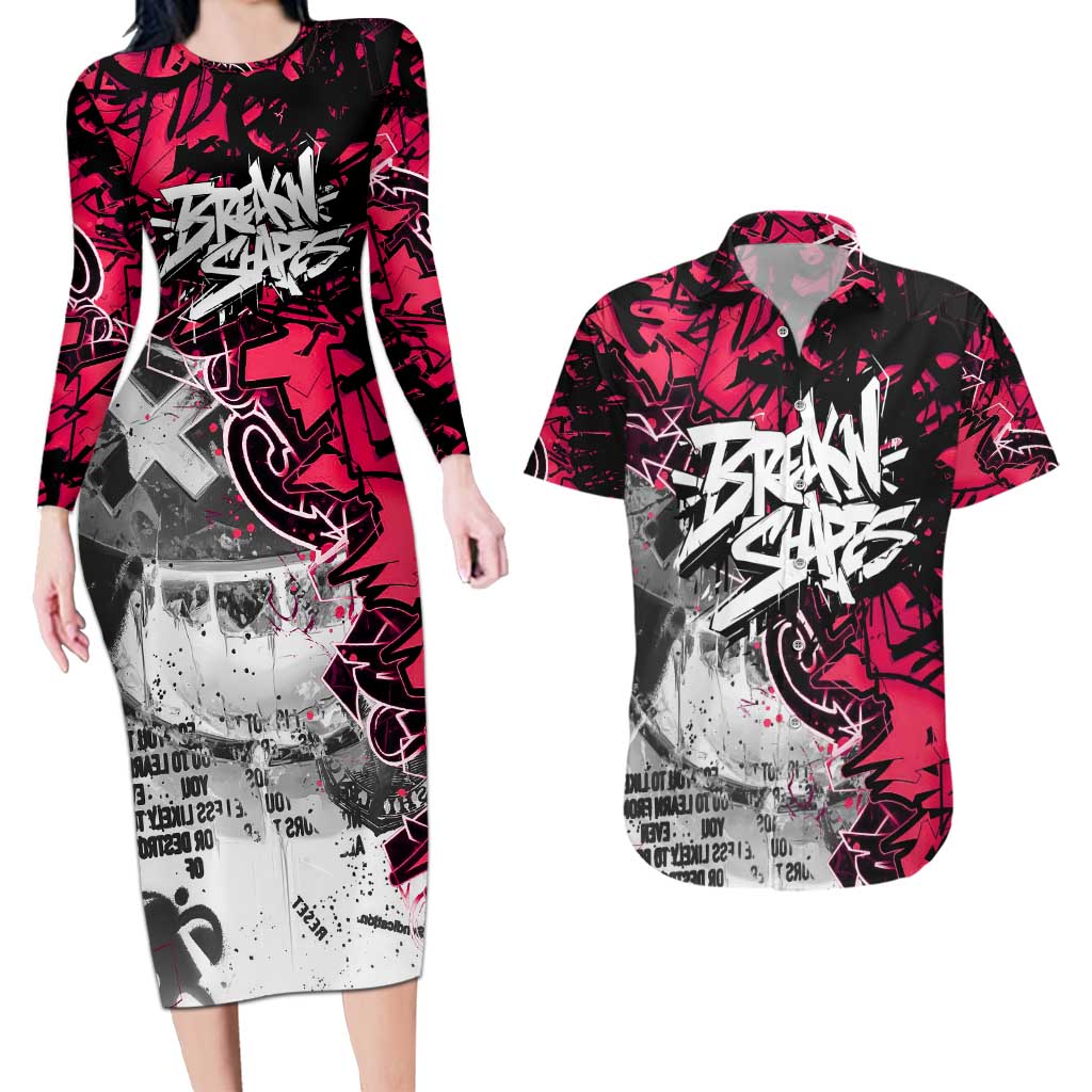 Hip Hop Graffiti Design Couples Matching Long Sleeve Bodycon Dress and Hawaiian Shirt Sitting Hooded Figure and Red Black Street Art Elements - Wonder Print Shop