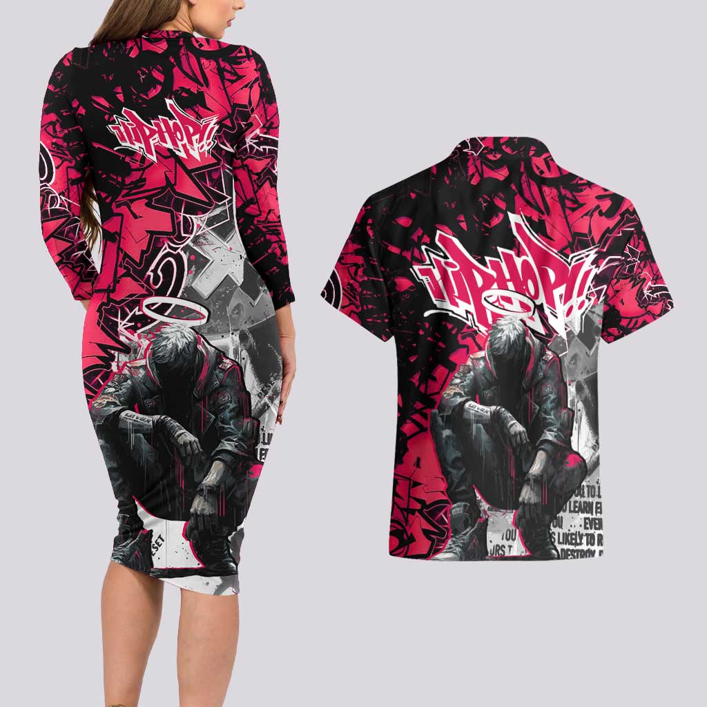 Hip Hop Graffiti Design Couples Matching Long Sleeve Bodycon Dress and Hawaiian Shirt Sitting Hooded Figure and Red Black Street Art Elements - Wonder Print Shop