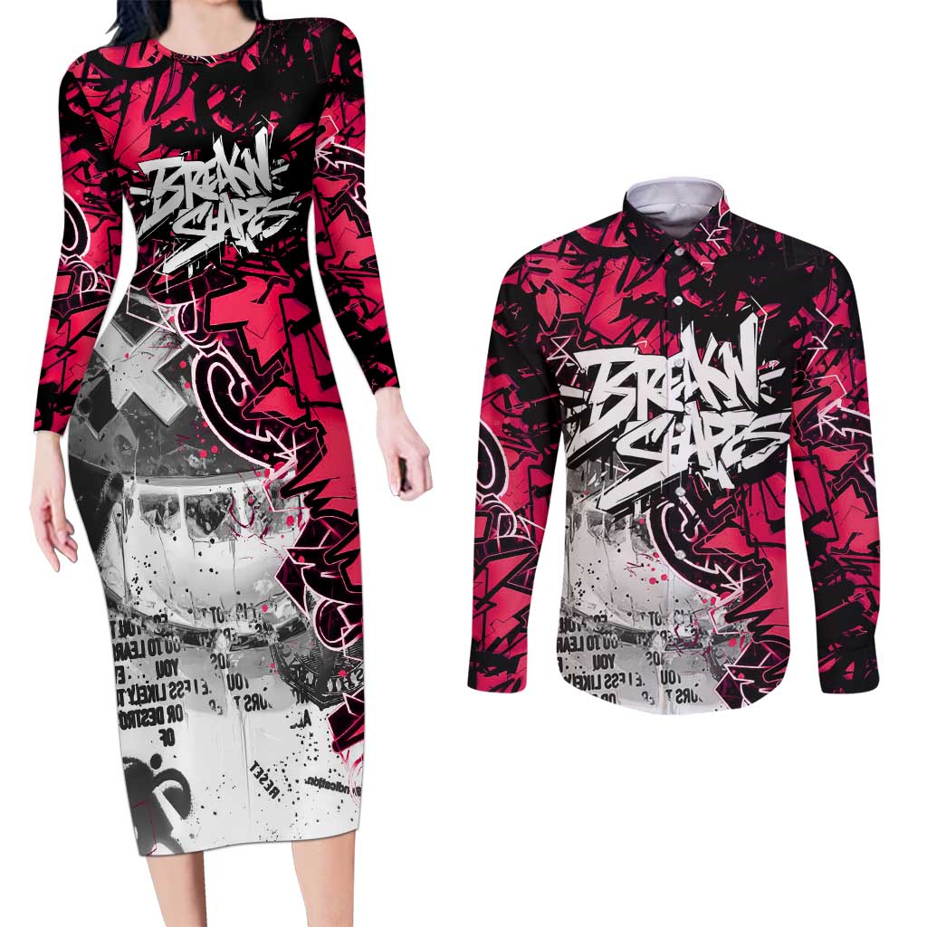 Hip Hop Graffiti Design Couples Matching Long Sleeve Bodycon Dress and Long Sleeve Button Shirt Sitting Hooded Figure and Red Black Street Art Elements - Wonder Print Shop
