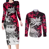 Hip Hop Graffiti Design Couples Matching Long Sleeve Bodycon Dress and Long Sleeve Button Shirt Sitting Hooded Figure and Red Black Street Art Elements - Wonder Print Shop