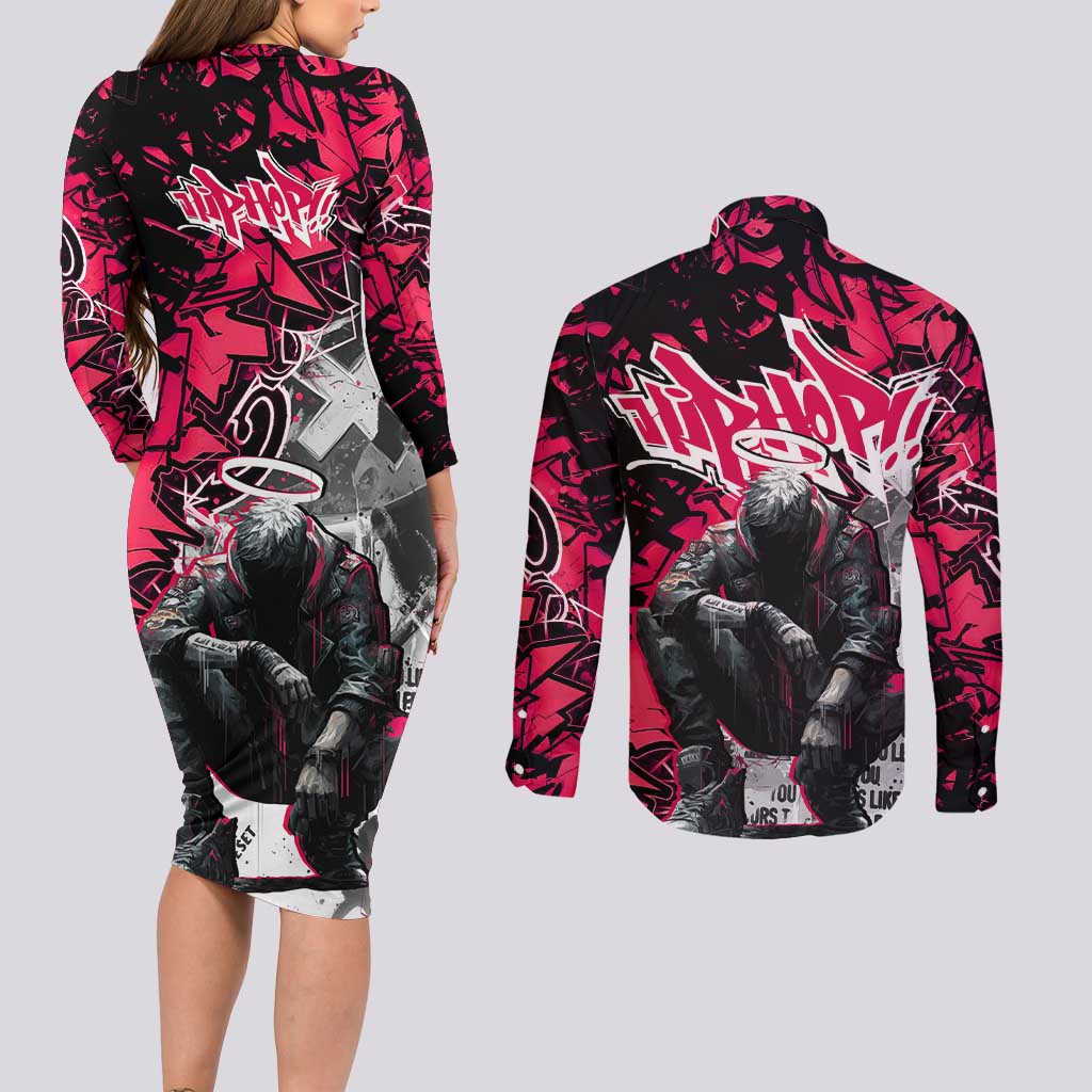 Hip Hop Graffiti Design Couples Matching Long Sleeve Bodycon Dress and Long Sleeve Button Shirt Sitting Hooded Figure and Red Black Street Art Elements - Wonder Print Shop