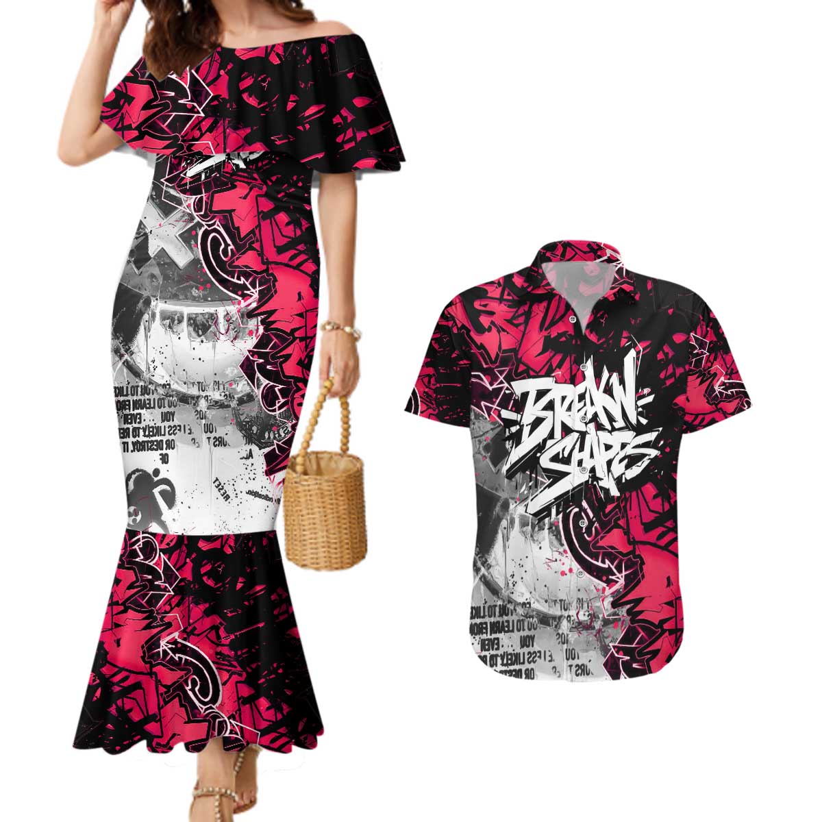 Hip Hop Graffiti Design Couples Matching Mermaid Dress and Hawaiian Shirt Sitting Hooded Figure and Red Black Street Art Elements - Wonder Print Shop