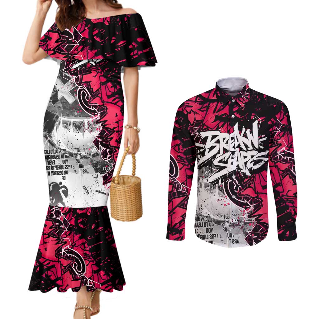 Hip Hop Graffiti Design Couples Matching Mermaid Dress and Long Sleeve Button Shirt Sitting Hooded Figure and Red Black Street Art Elements - Wonder Print Shop