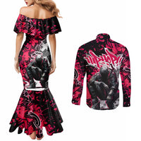Hip Hop Graffiti Design Couples Matching Mermaid Dress and Long Sleeve Button Shirt Sitting Hooded Figure and Red Black Street Art Elements - Wonder Print Shop