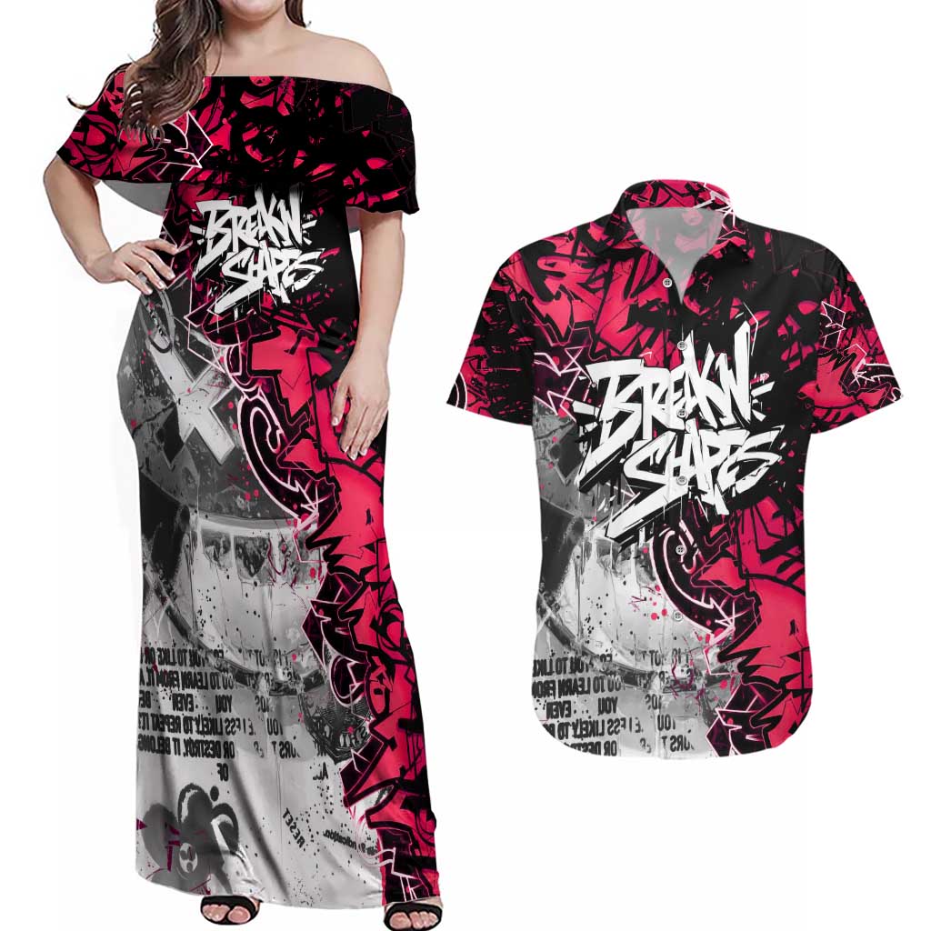 Hip Hop Graffiti Design Couples Matching Off Shoulder Maxi Dress and Hawaiian Shirt Sitting Hooded Figure and Red Black Street Art Elements - Wonder Print Shop