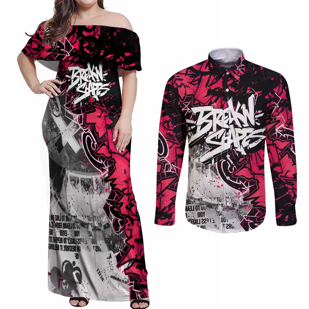 Hip Hop Graffiti Design Couples Matching Off Shoulder Maxi Dress and Long Sleeve Button Shirt Sitting Hooded Figure and Red Black Street Art Elements - Wonder Print Shop