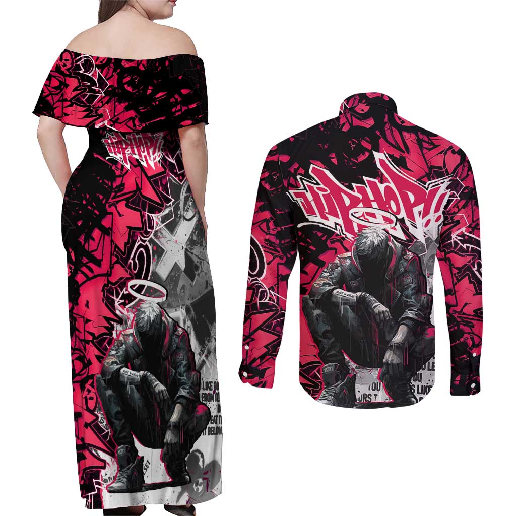 Hip Hop Graffiti Design Couples Matching Off Shoulder Maxi Dress and Long Sleeve Button Shirt Sitting Hooded Figure and Red Black Street Art Elements - Wonder Print Shop
