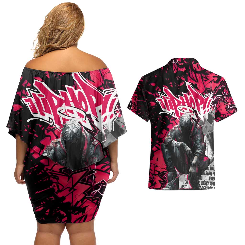 Hip Hop Graffiti Design Couples Matching Off Shoulder Short Dress and Hawaiian Shirt Sitting Hooded Figure and Red Black Street Art Elements - Wonder Print Shop