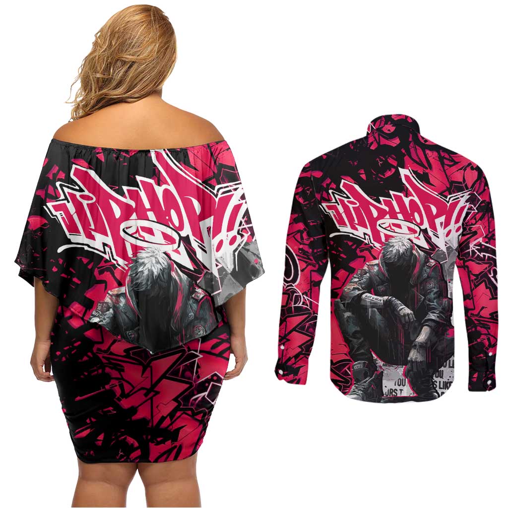 Hip Hop Graffiti Design Couples Matching Off Shoulder Short Dress and Long Sleeve Button Shirt Sitting Hooded Figure and Red Black Street Art Elements - Wonder Print Shop