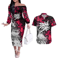 Hip Hop Graffiti Design Couples Matching Off The Shoulder Long Sleeve Dress and Hawaiian Shirt Sitting Hooded Figure and Red Black Street Art Elements - Wonder Print Shop