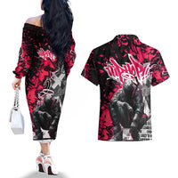 Hip Hop Graffiti Design Couples Matching Off The Shoulder Long Sleeve Dress and Hawaiian Shirt Sitting Hooded Figure and Red Black Street Art Elements - Wonder Print Shop