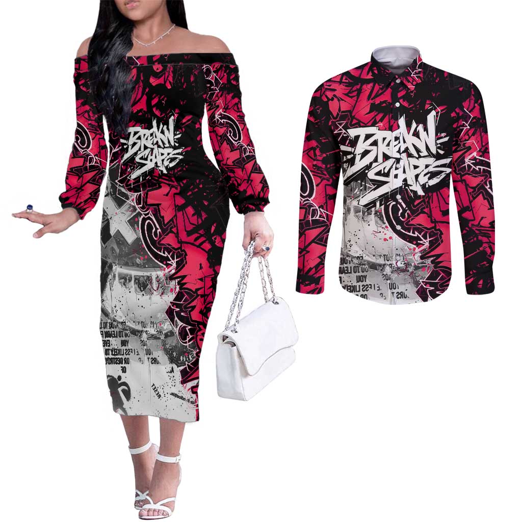 Hip Hop Graffiti Design Couples Matching Off The Shoulder Long Sleeve Dress and Long Sleeve Button Shirt Sitting Hooded Figure and Red Black Street Art Elements - Wonder Print Shop