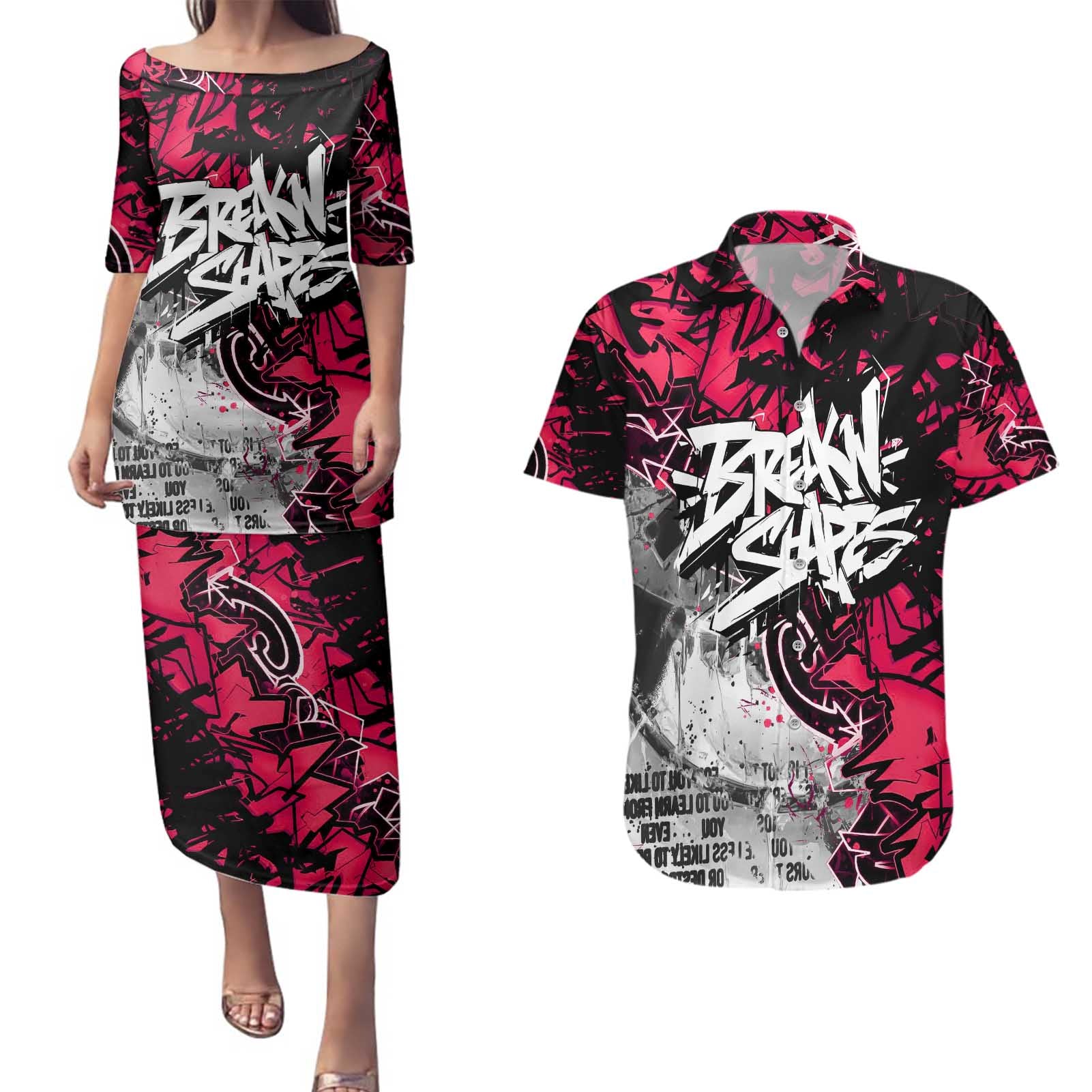 Hip Hop Graffiti Design Couples Matching Puletasi and Hawaiian Shirt Sitting Hooded Figure and Red Black Street Art Elements - Wonder Print Shop