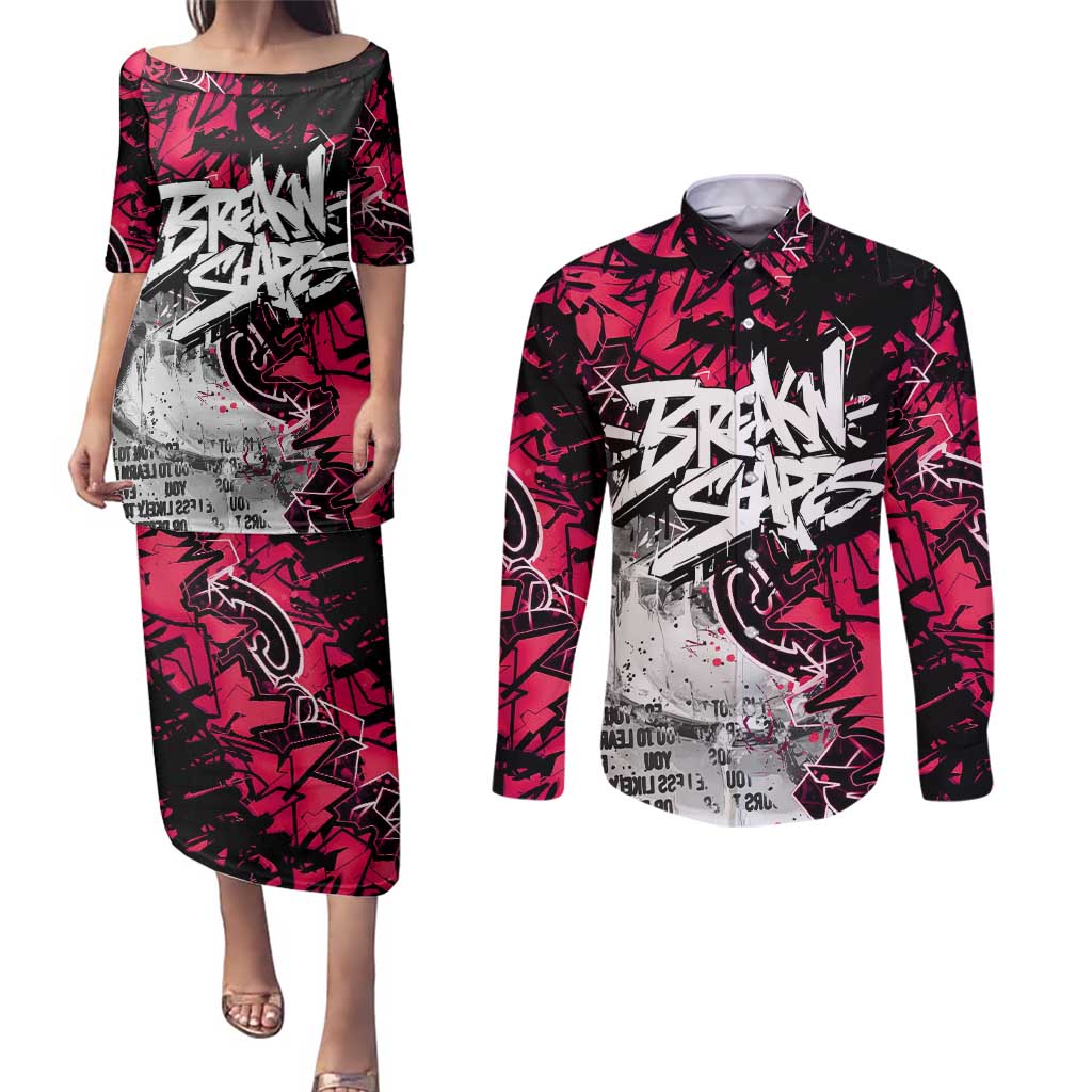 Hip Hop Graffiti Design Couples Matching Puletasi and Long Sleeve Button Shirt Sitting Hooded Figure and Red Black Street Art Elements - Wonder Print Shop