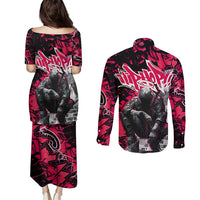 Hip Hop Graffiti Design Couples Matching Puletasi and Long Sleeve Button Shirt Sitting Hooded Figure and Red Black Street Art Elements - Wonder Print Shop