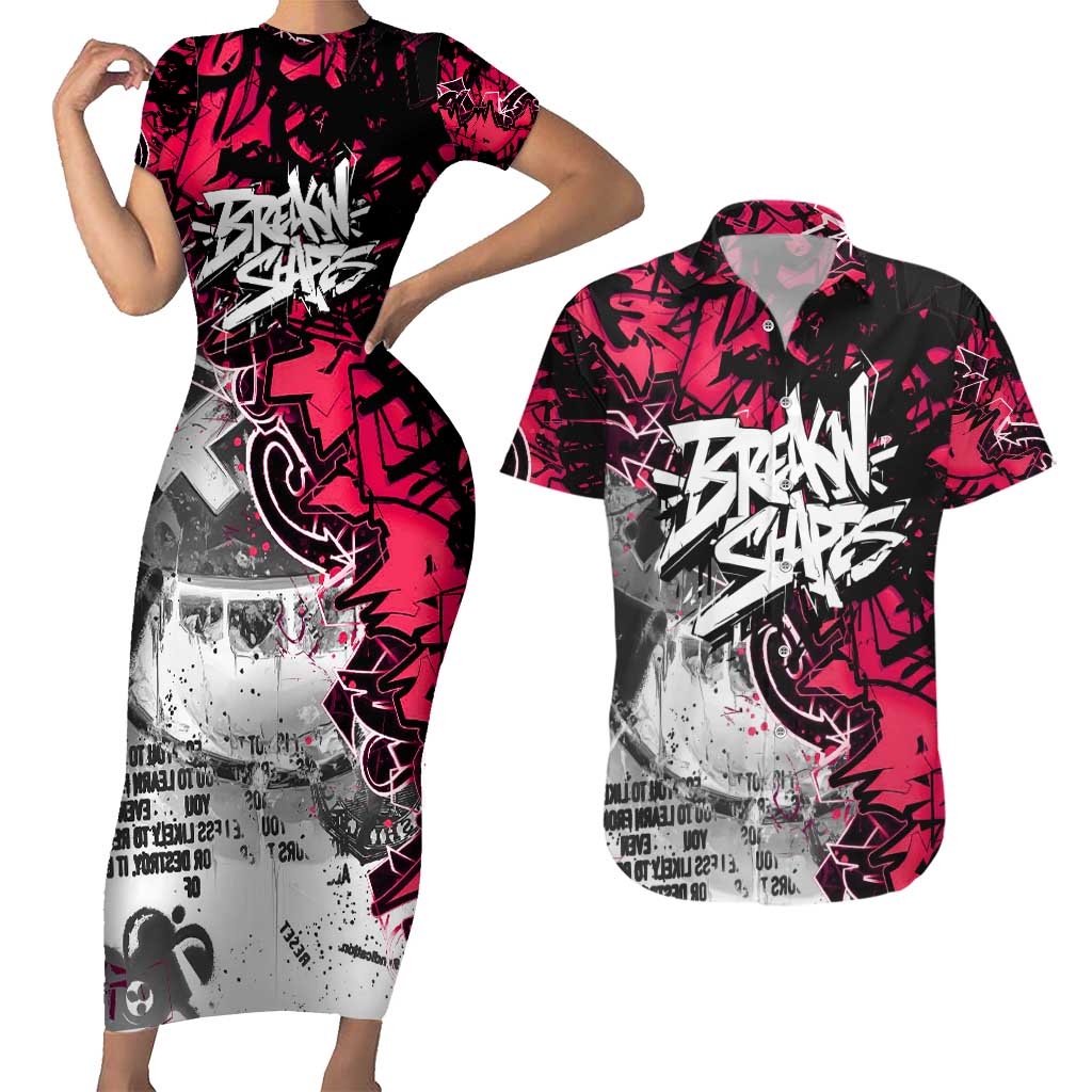 Hip Hop Graffiti Design Couples Matching Short Sleeve Bodycon Dress and Hawaiian Shirt Sitting Hooded Figure and Red Black Street Art Elements - Wonder Print Shop