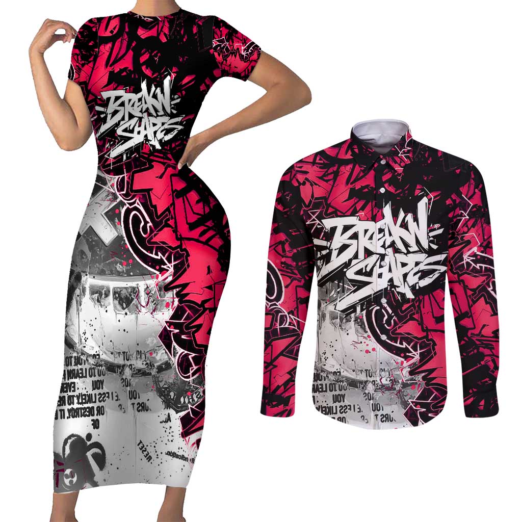 Hip Hop Graffiti Design Couples Matching Short Sleeve Bodycon Dress and Long Sleeve Button Shirt Sitting Hooded Figure and Red Black Street Art Elements - Wonder Print Shop