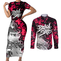 Hip Hop Graffiti Design Couples Matching Short Sleeve Bodycon Dress and Long Sleeve Button Shirt Sitting Hooded Figure and Red Black Street Art Elements - Wonder Print Shop