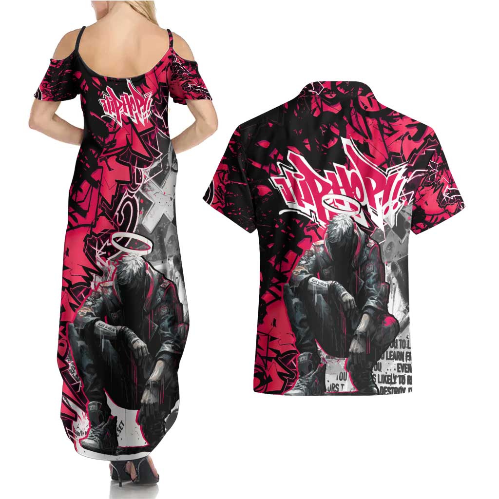 Hip Hop Graffiti Design Couples Matching Summer Maxi Dress and Hawaiian Shirt Sitting Hooded Figure and Red Black Street Art Elements - Wonder Print Shop