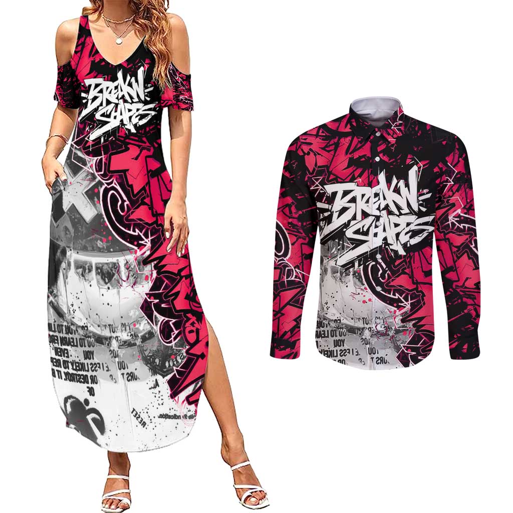 Hip Hop Graffiti Design Couples Matching Summer Maxi Dress and Long Sleeve Button Shirt Sitting Hooded Figure and Red Black Street Art Elements - Wonder Print Shop