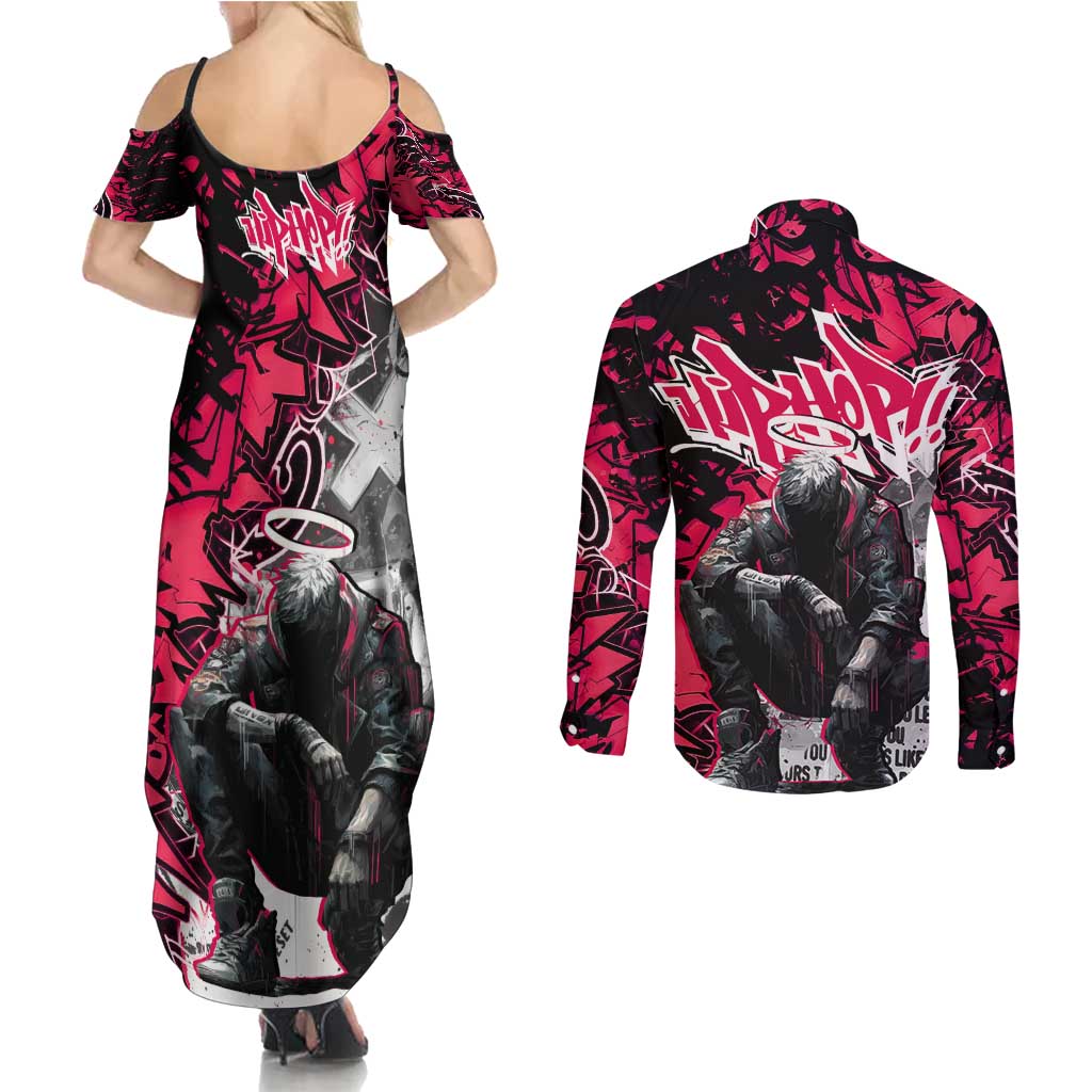 Hip Hop Graffiti Design Couples Matching Summer Maxi Dress and Long Sleeve Button Shirt Sitting Hooded Figure and Red Black Street Art Elements - Wonder Print Shop