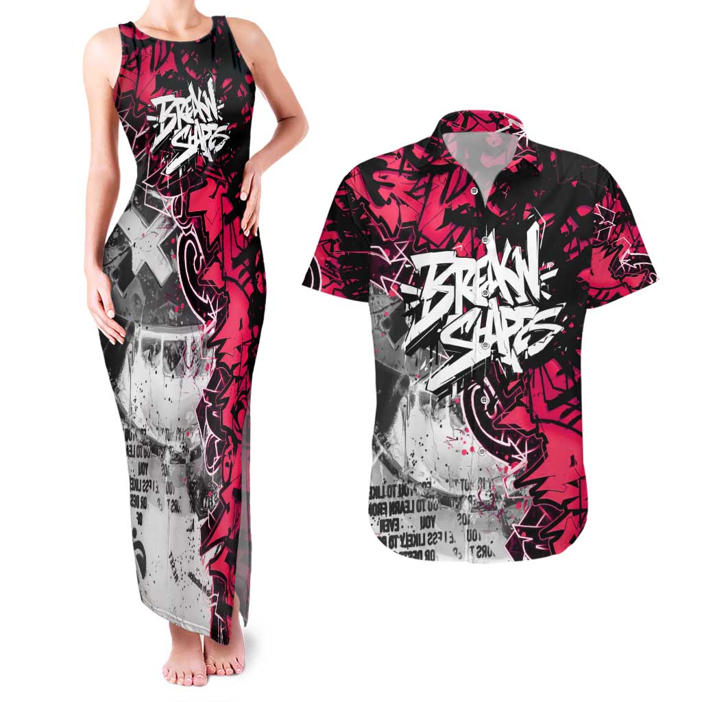 Hip Hop Graffiti Design Couples Matching Tank Maxi Dress and Hawaiian Shirt Sitting Hooded Figure and Red Black Street Art Elements - Wonder Print Shop