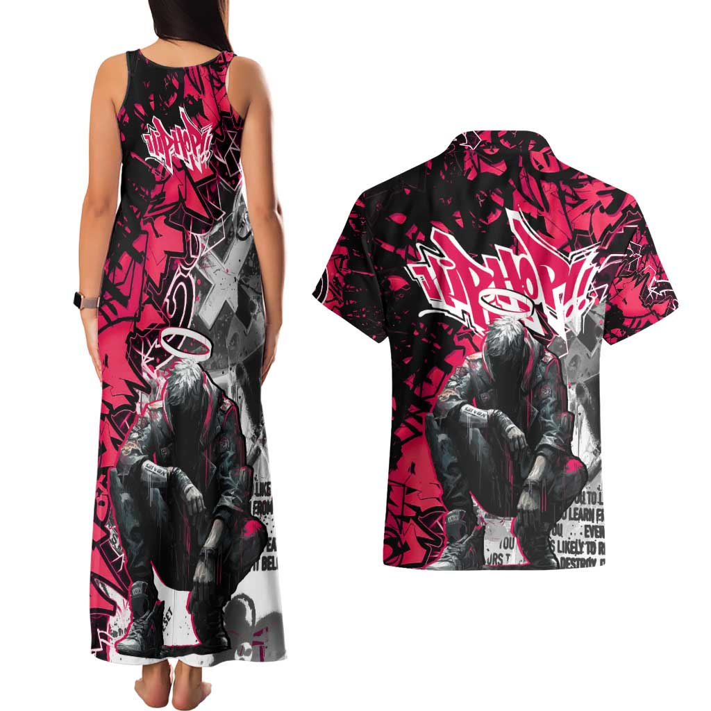 Hip Hop Graffiti Design Couples Matching Tank Maxi Dress and Hawaiian Shirt Sitting Hooded Figure and Red Black Street Art Elements - Wonder Print Shop