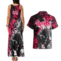 Hip Hop Graffiti Design Couples Matching Tank Maxi Dress and Hawaiian Shirt Sitting Hooded Figure and Red Black Street Art Elements - Wonder Print Shop
