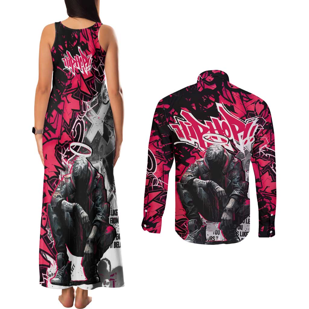 Hip Hop Graffiti Design Couples Matching Tank Maxi Dress and Long Sleeve Button Shirt Sitting Hooded Figure and Red Black Street Art Elements - Wonder Print Shop
