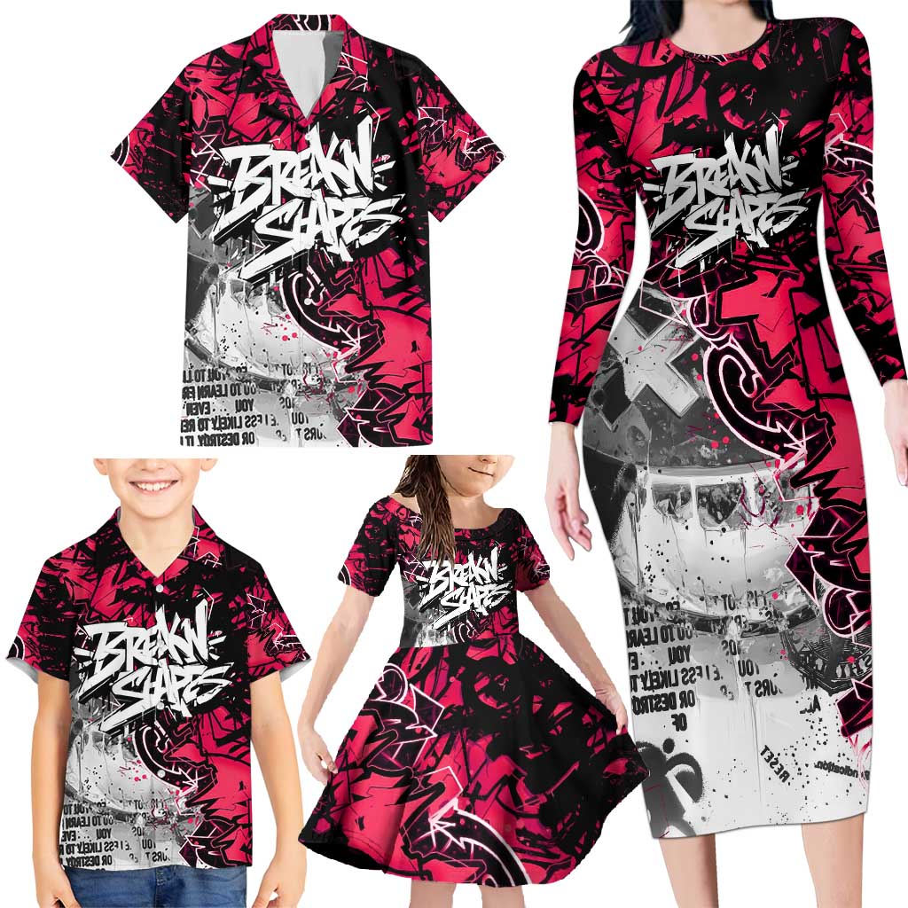 Hip Hop Graffiti Design Family Matching Long Sleeve Bodycon Dress and Hawaiian Shirt Sitting Hooded Figure and Red Black Street Art Elements - Wonder Print Shop