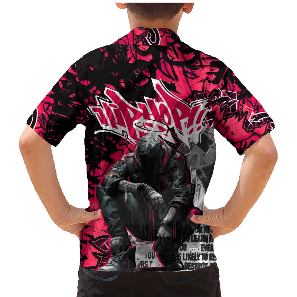 Hip Hop Graffiti Design Family Matching Mermaid Dress and Hawaiian Shirt Sitting Hooded Figure and Red Black Street Art Elements - Wonder Print Shop