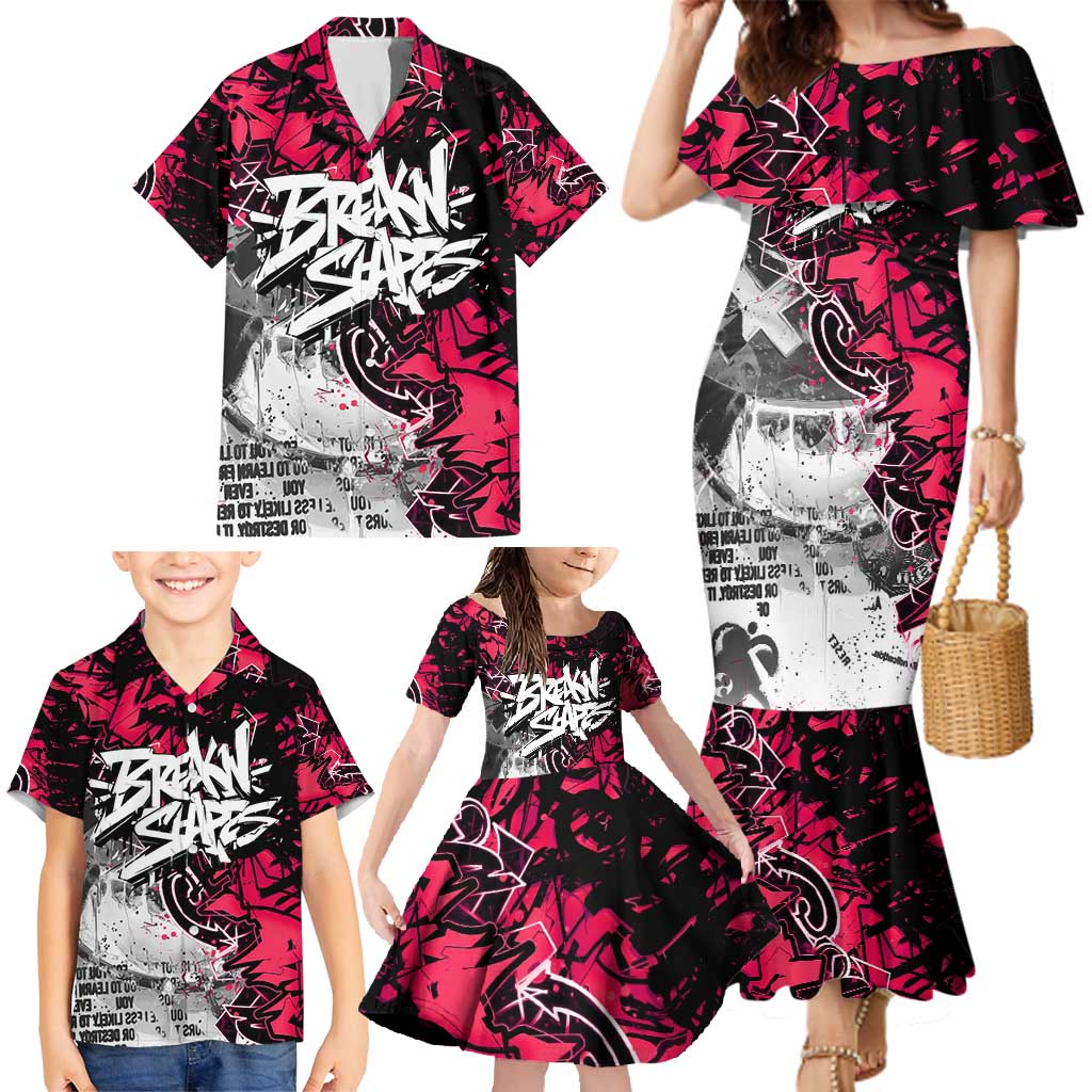 Hip Hop Graffiti Design Family Matching Mermaid Dress and Hawaiian Shirt Sitting Hooded Figure and Red Black Street Art Elements - Wonder Print Shop