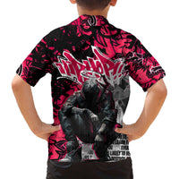 Hip Hop Graffiti Design Family Matching Off The Shoulder Long Sleeve Dress and Hawaiian Shirt Sitting Hooded Figure and Red Black Street Art Elements - Wonder Print Shop