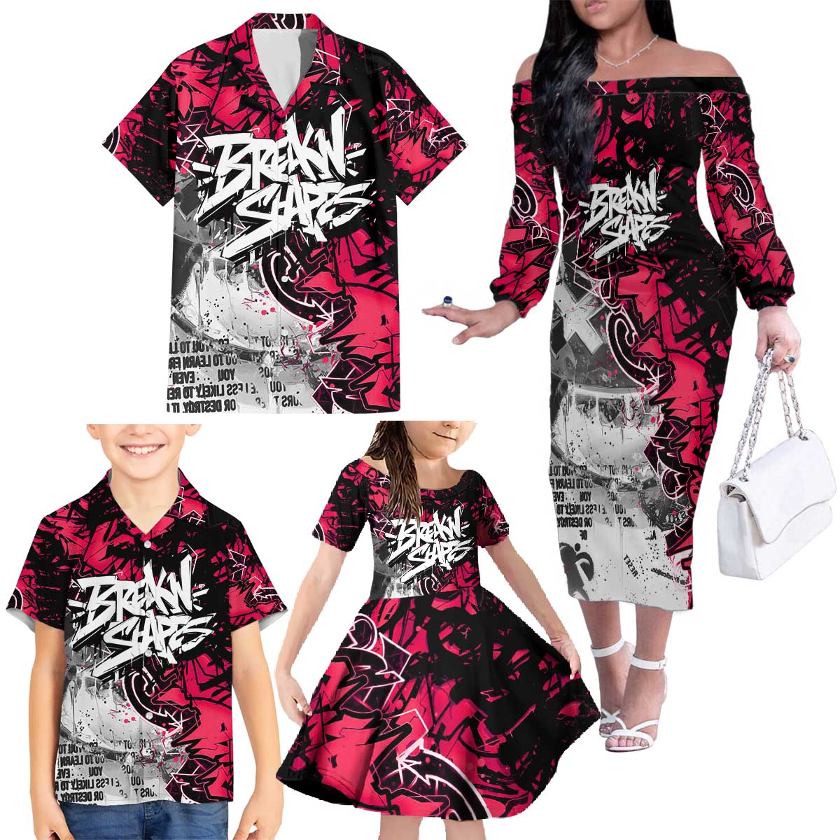 Hip Hop Graffiti Design Family Matching Off The Shoulder Long Sleeve Dress and Hawaiian Shirt Sitting Hooded Figure and Red Black Street Art Elements - Wonder Print Shop