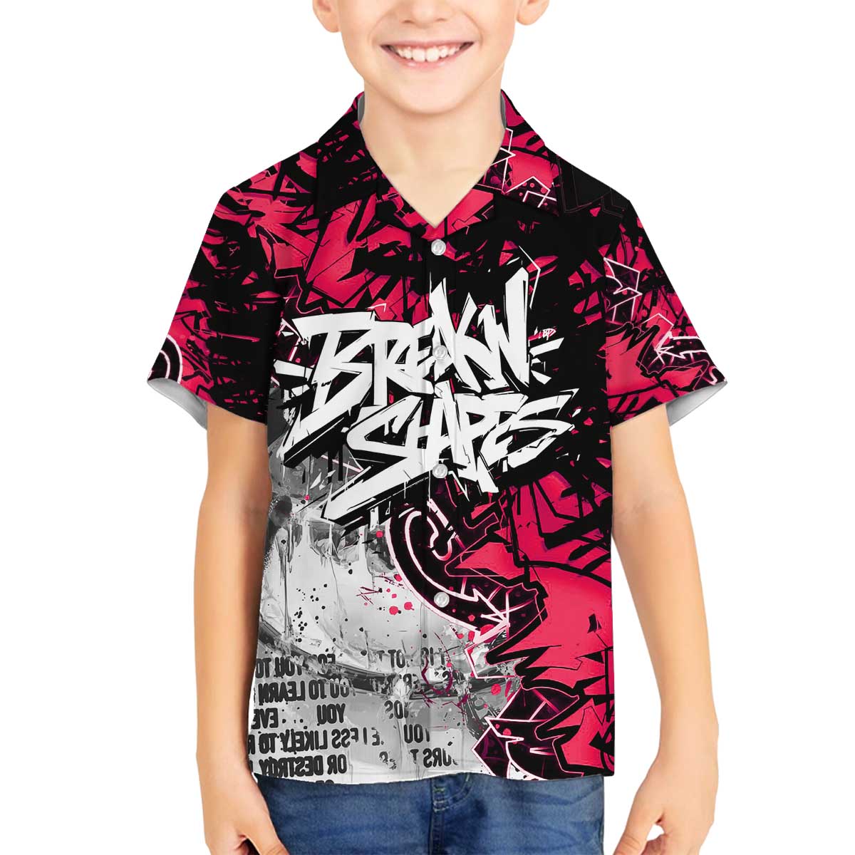 Hip Hop Graffiti Design Family Matching Off The Shoulder Long Sleeve Dress and Hawaiian Shirt Sitting Hooded Figure and Red Black Street Art Elements - Wonder Print Shop