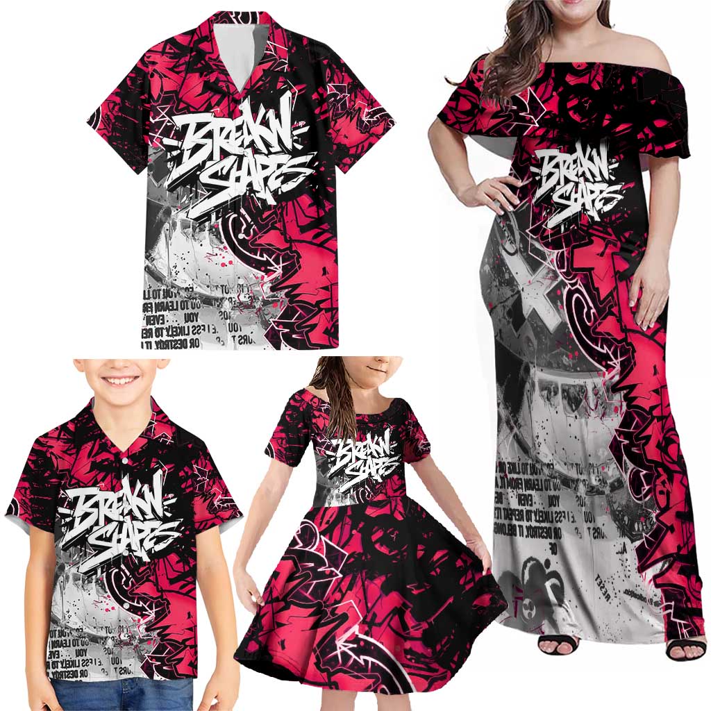 Hip Hop Graffiti Design Family Matching Off Shoulder Maxi Dress and Hawaiian Shirt Sitting Hooded Figure and Red Black Street Art Elements - Wonder Print Shop