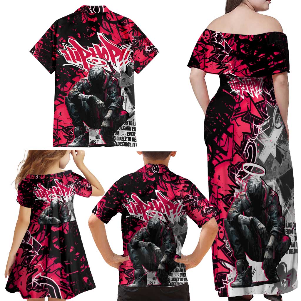 Hip Hop Graffiti Design Family Matching Off Shoulder Maxi Dress and Hawaiian Shirt Sitting Hooded Figure and Red Black Street Art Elements - Wonder Print Shop