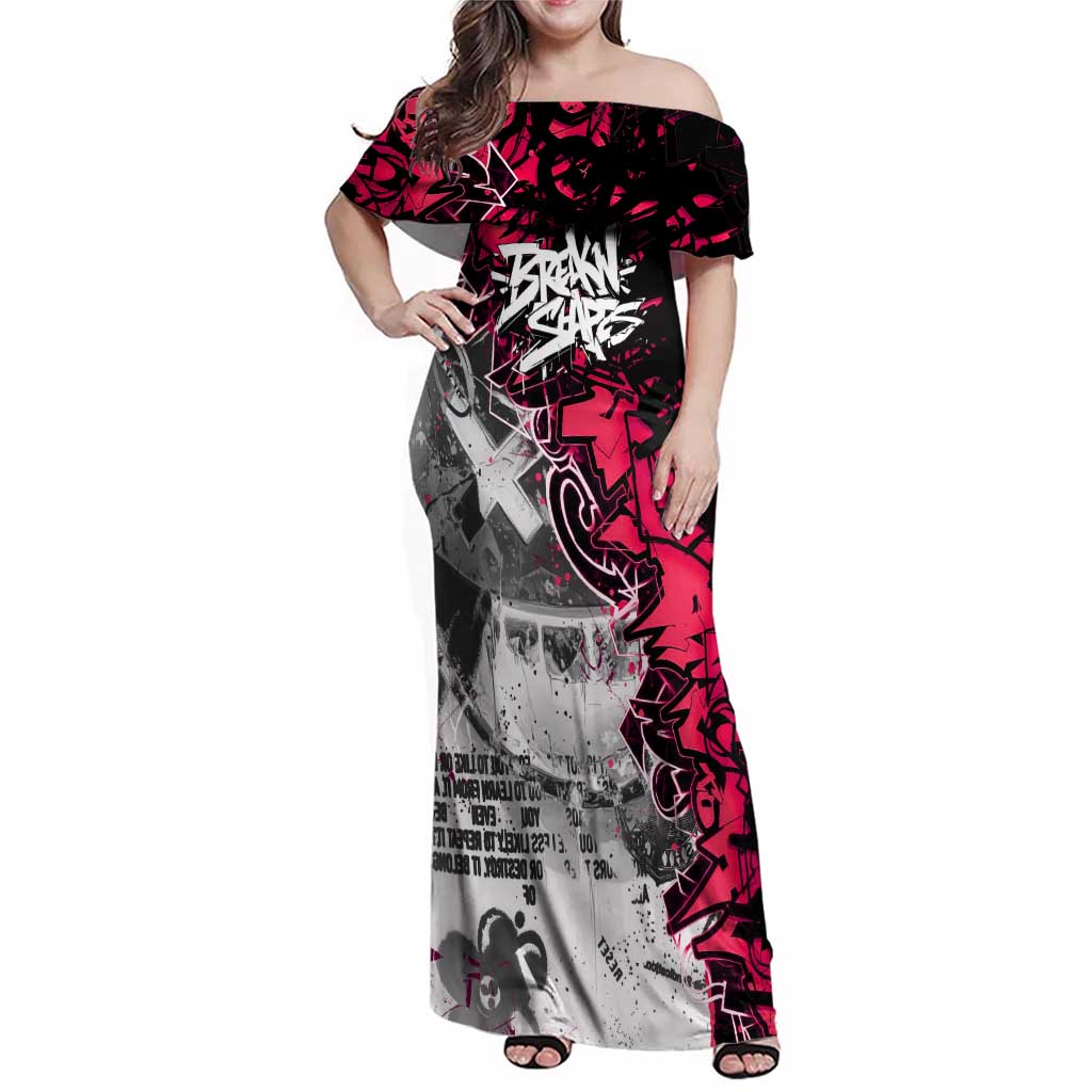 Hip Hop Graffiti Design Family Matching Off Shoulder Maxi Dress and Hawaiian Shirt Sitting Hooded Figure and Red Black Street Art Elements - Wonder Print Shop