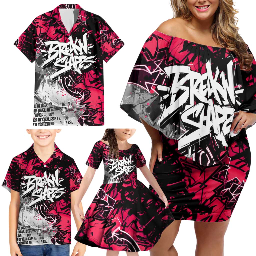 Hip Hop Graffiti Design Family Matching Off Shoulder Short Dress and Hawaiian Shirt Sitting Hooded Figure and Red Black Street Art Elements - Wonder Print Shop