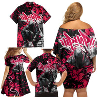 Hip Hop Graffiti Design Family Matching Off Shoulder Short Dress and Hawaiian Shirt Sitting Hooded Figure and Red Black Street Art Elements - Wonder Print Shop