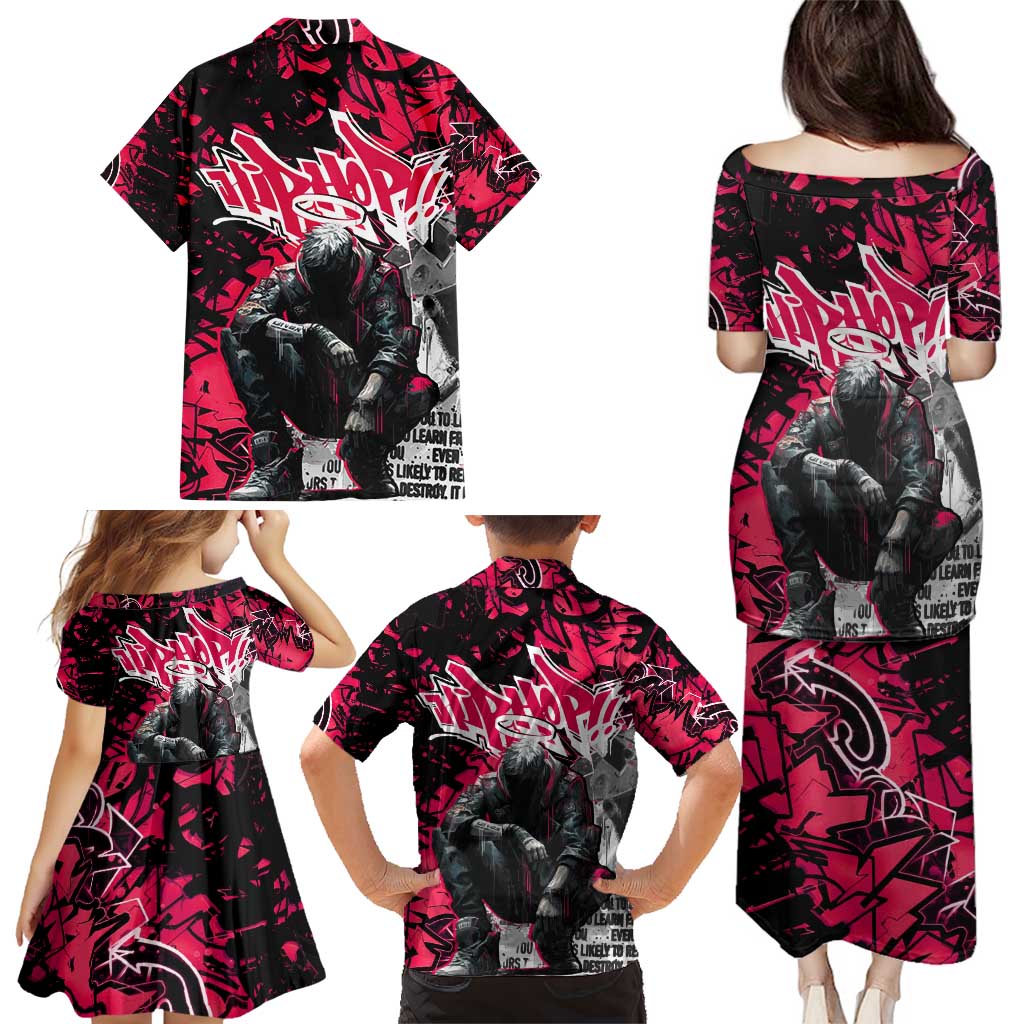 Hip Hop Graffiti Design Family Matching Puletasi and Hawaiian Shirt Sitting Hooded Figure and Red Black Street Art Elements - Wonder Print Shop