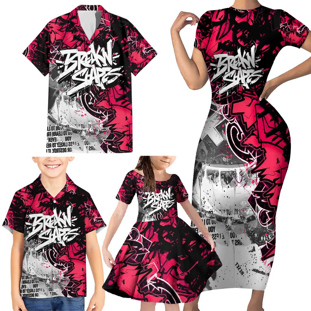 Hip Hop Graffiti Design Family Matching Short Sleeve Bodycon Dress and Hawaiian Shirt Sitting Hooded Figure and Red Black Street Art Elements - Wonder Print Shop